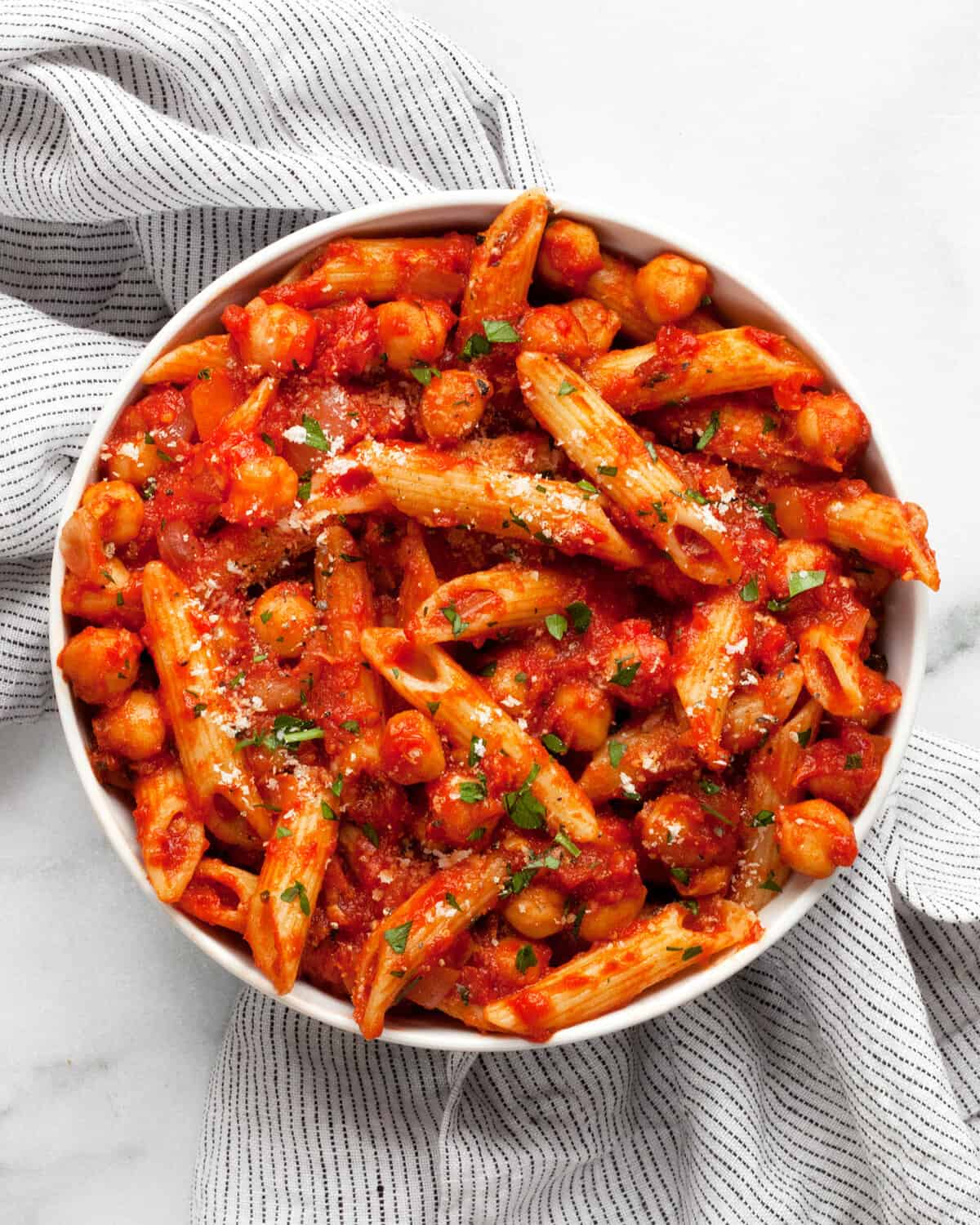 Penne arrabbiata in a small bowl.