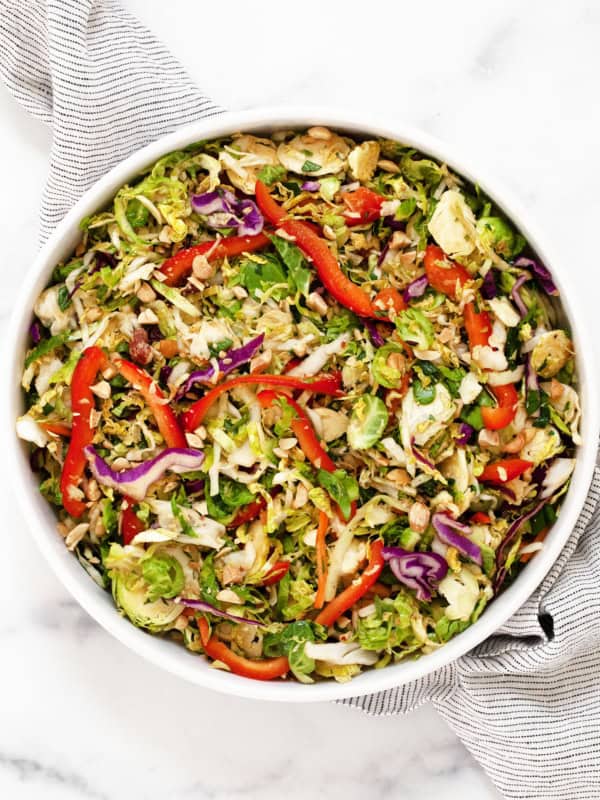 Brussels sprout cabbage salad in a bowl.