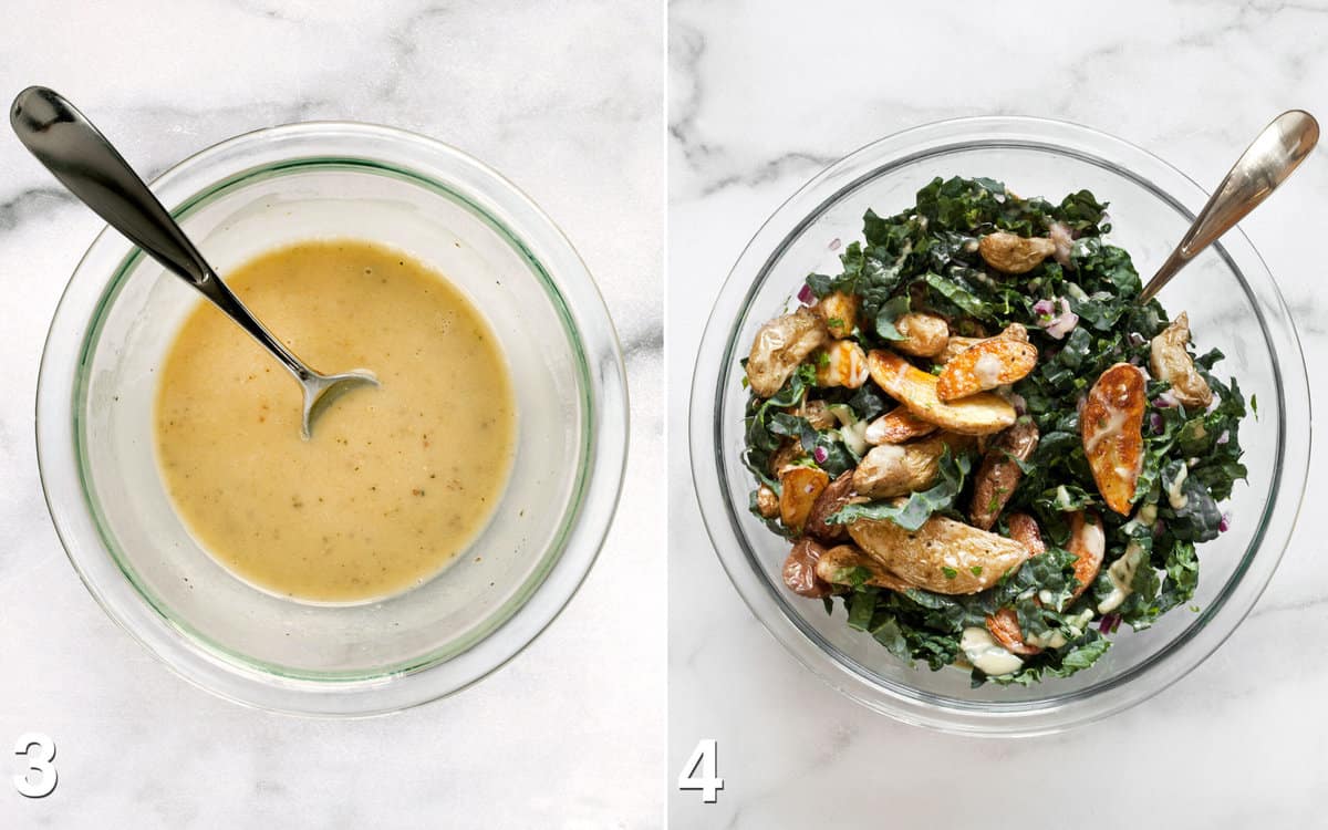 Tahini dressing in a bowl. Dressing drizzled over salad and tossed together.