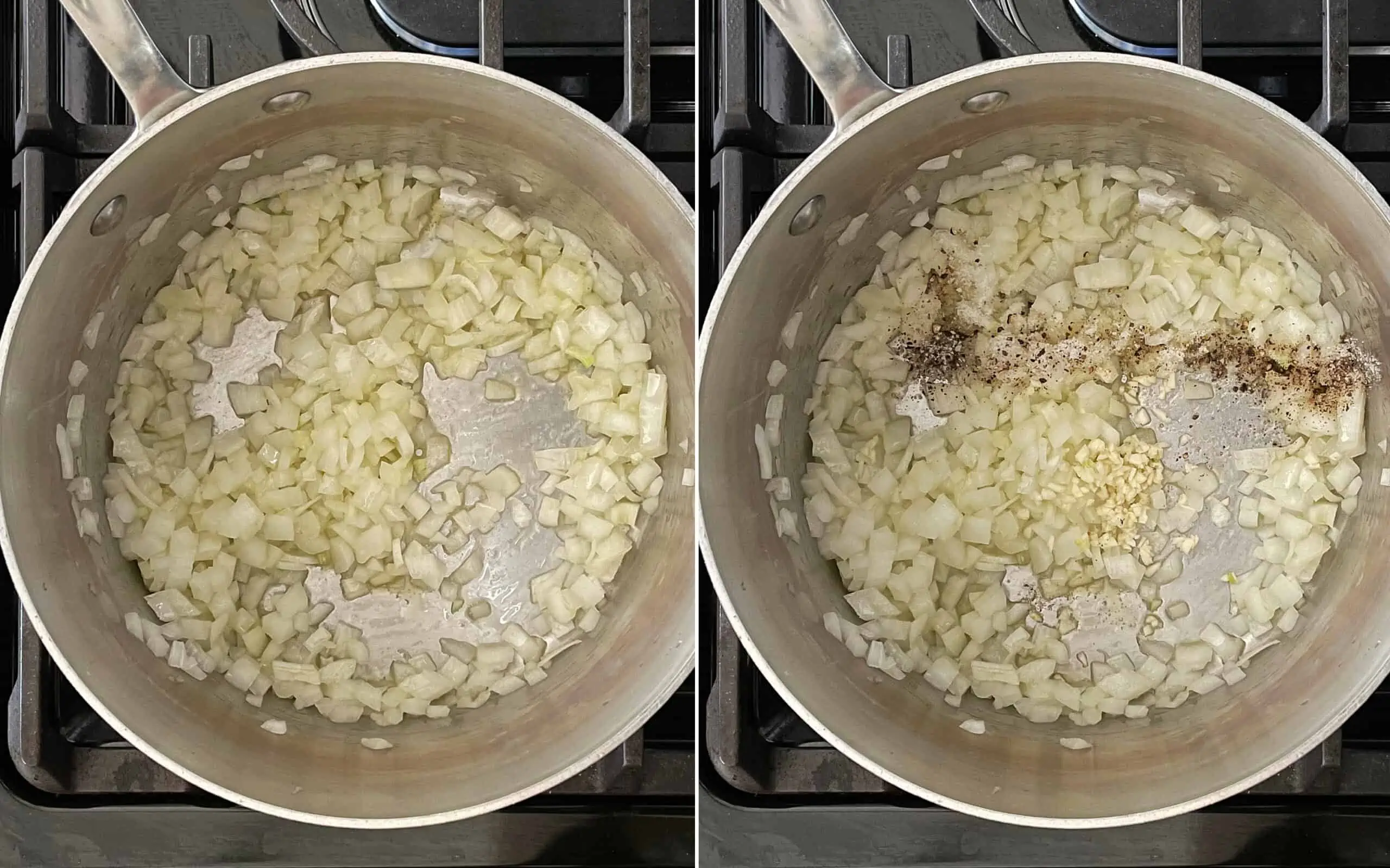 Sauteing the onions in a pot. Then adding the garlic salt and pepper.