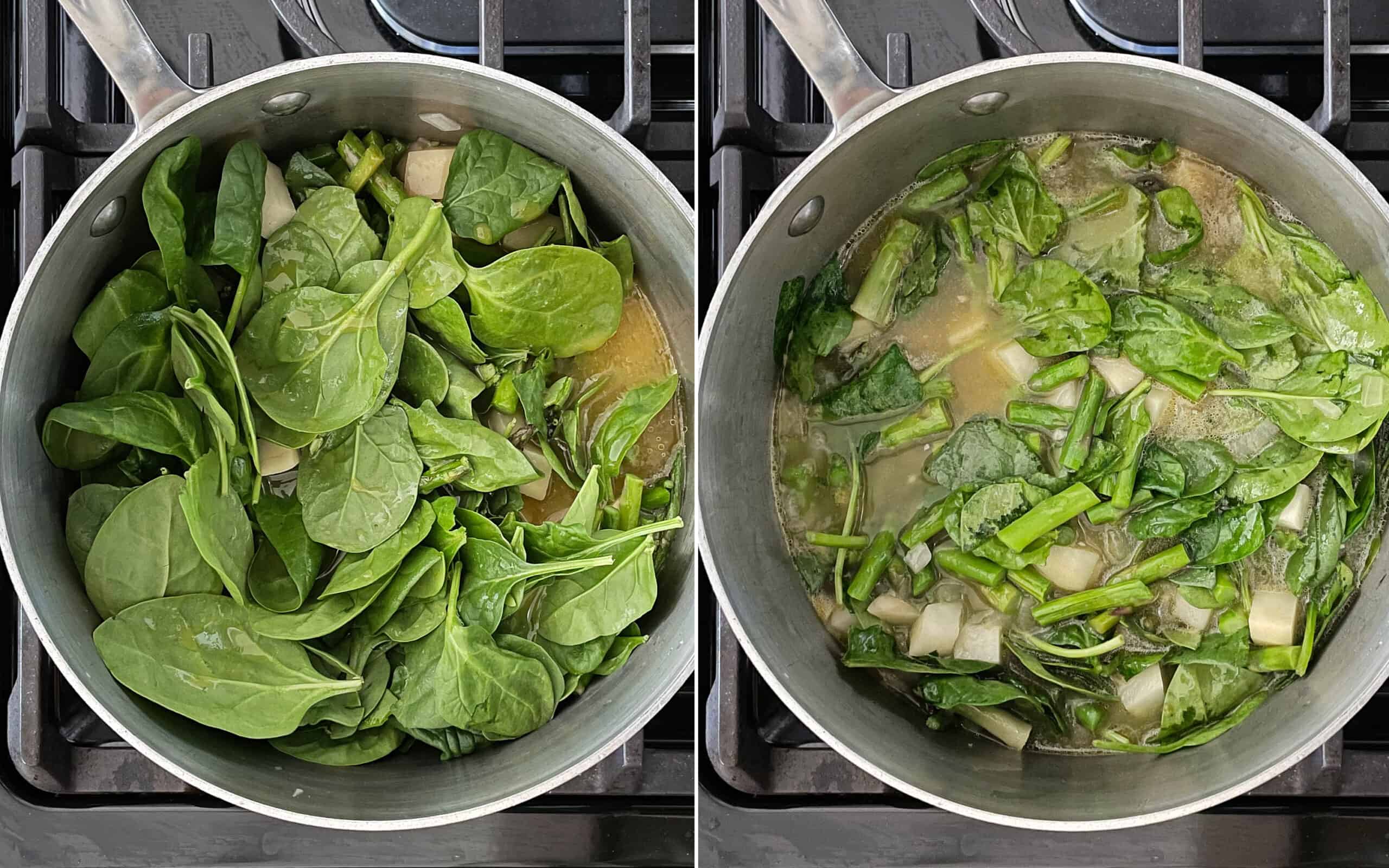 Simmering the soup in a pot before and after spinach wilts.