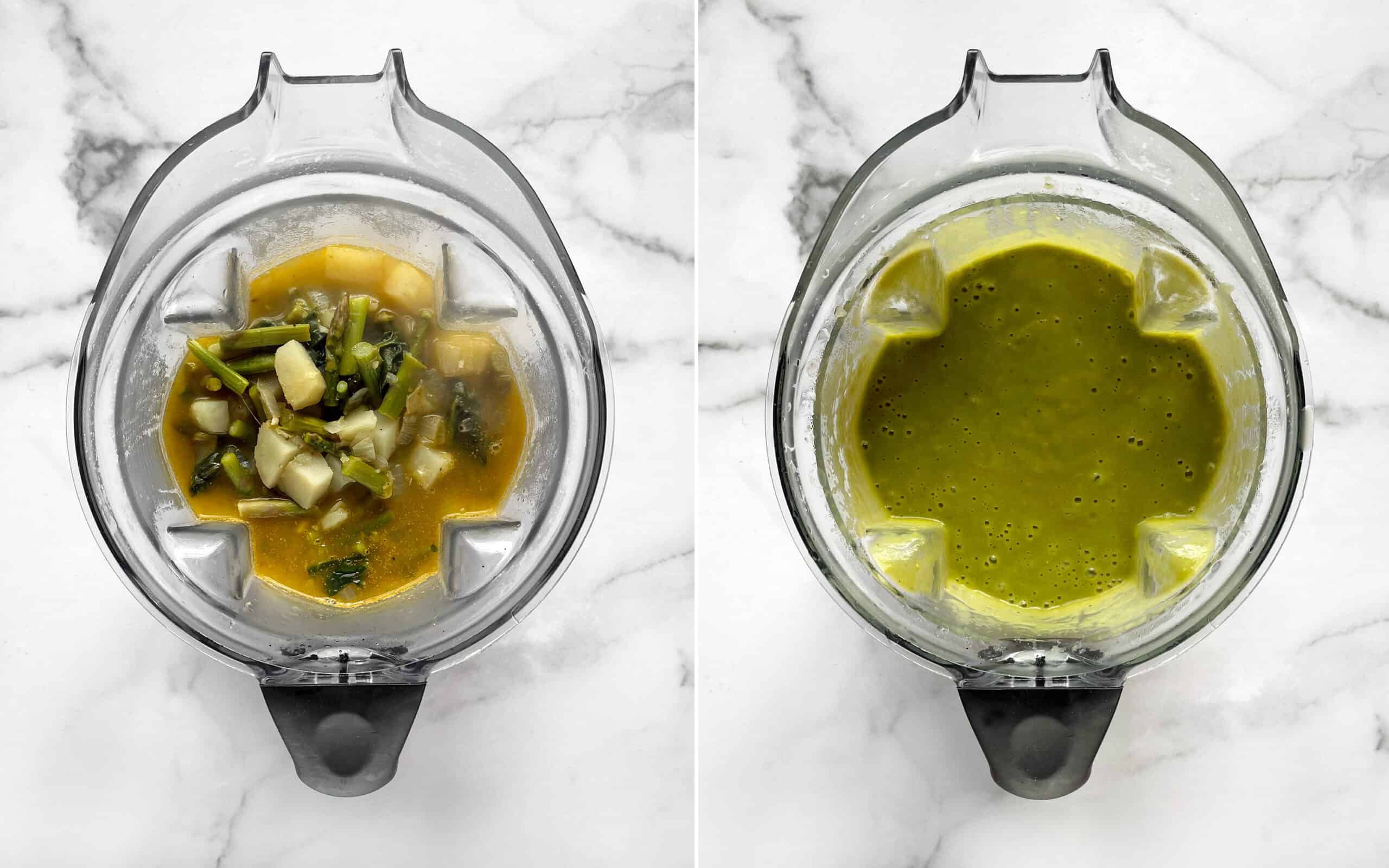 Before and after pureeing soup in a blender.