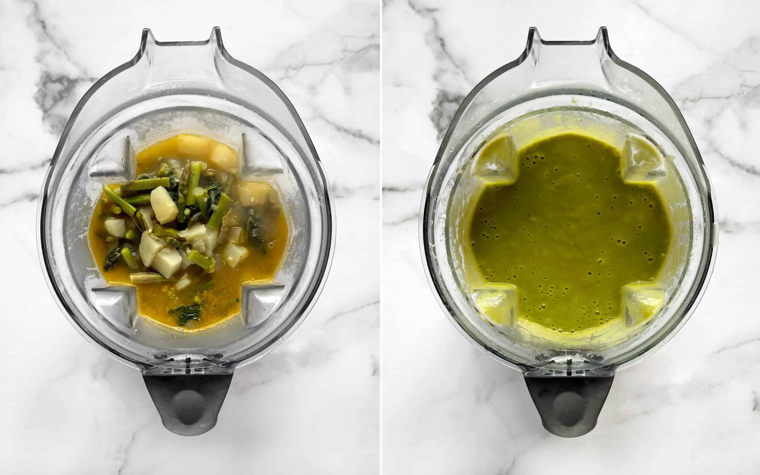 Before and after pureeing soup in a blender.