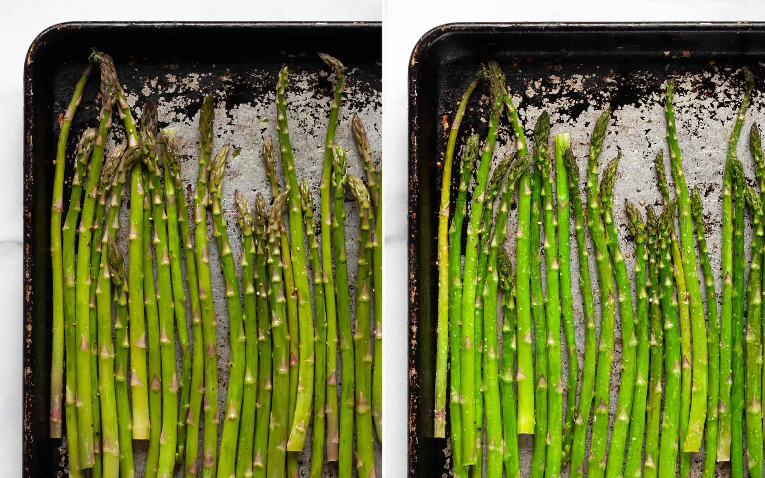 Raw asparagus on a sheet pan and roasted asparagus on a sheet pan.