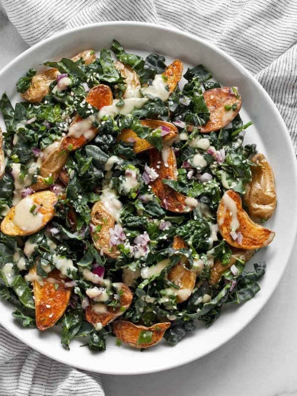 Kale potato salad on a plate.