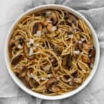 Lemon garlic mushroom spaghetti in a bowl.