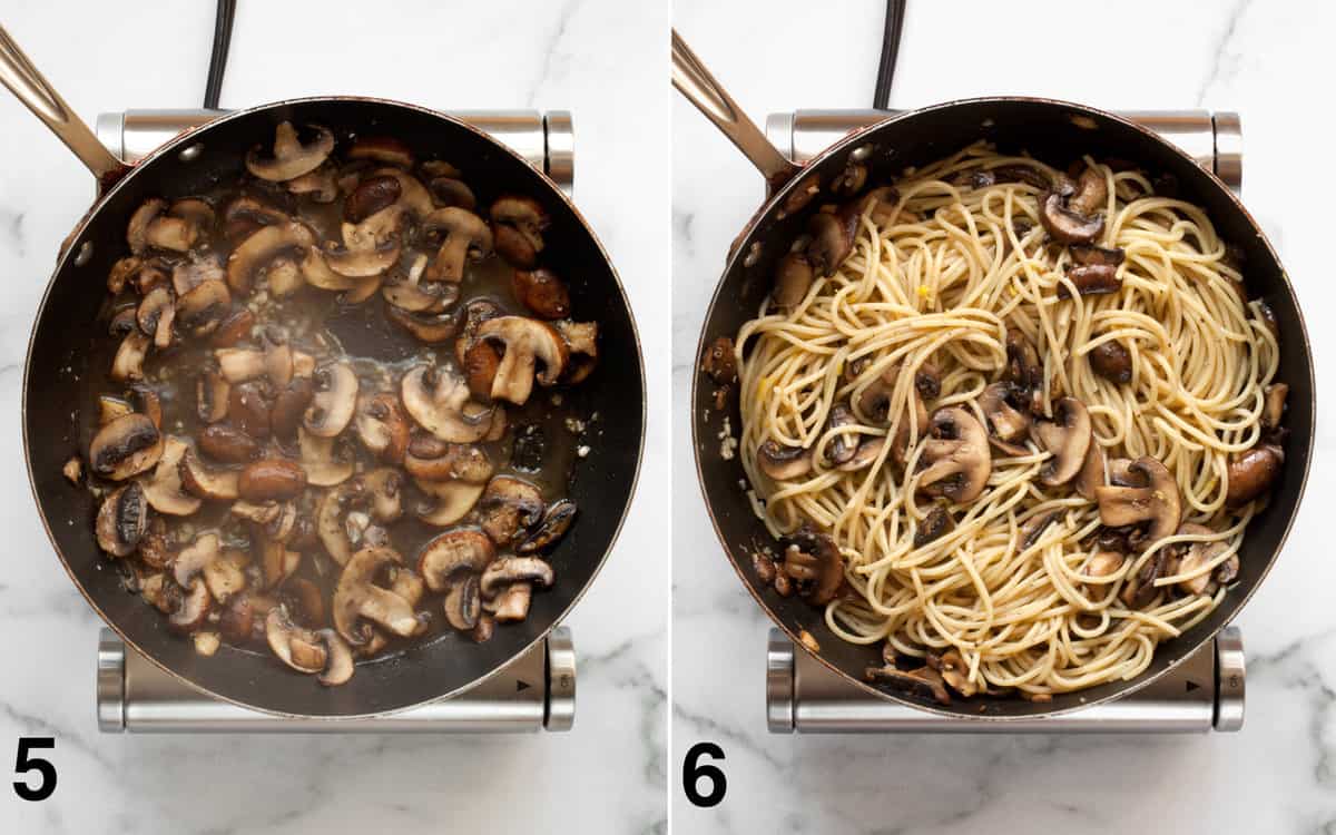Squeeze the lemon juice into the sauteed mushrooms. Then stir in the spaghetti, olive oil and lemon zest.