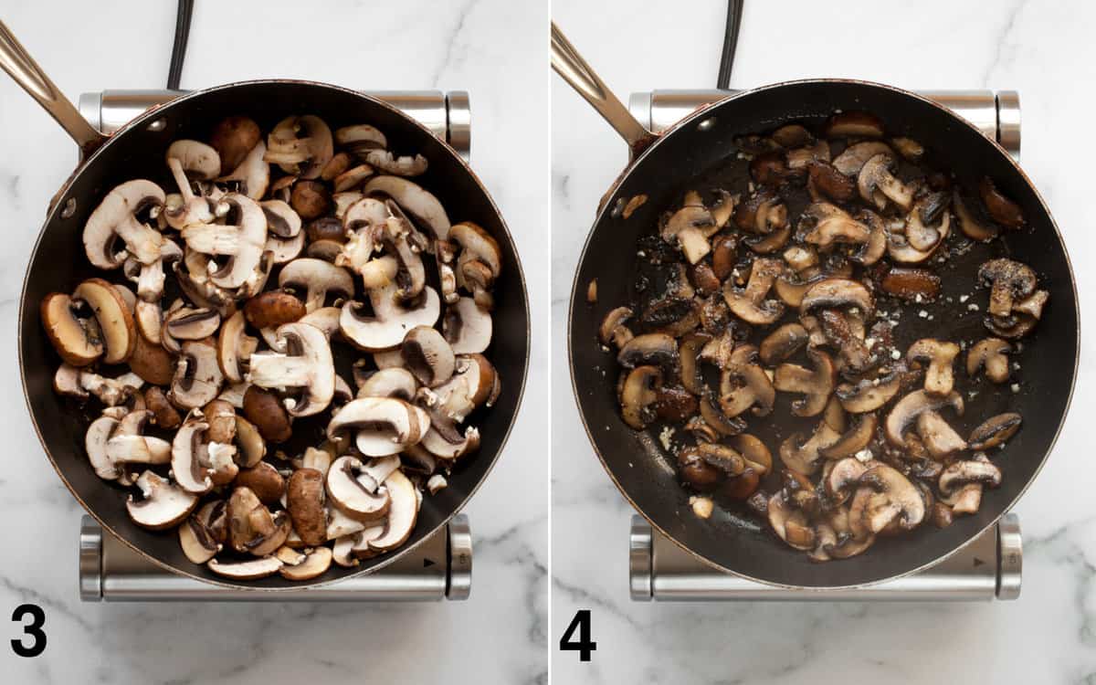 Saute the mushrooms until they turn brown and caramelize. Then stir in the garlic, salt and pepper.