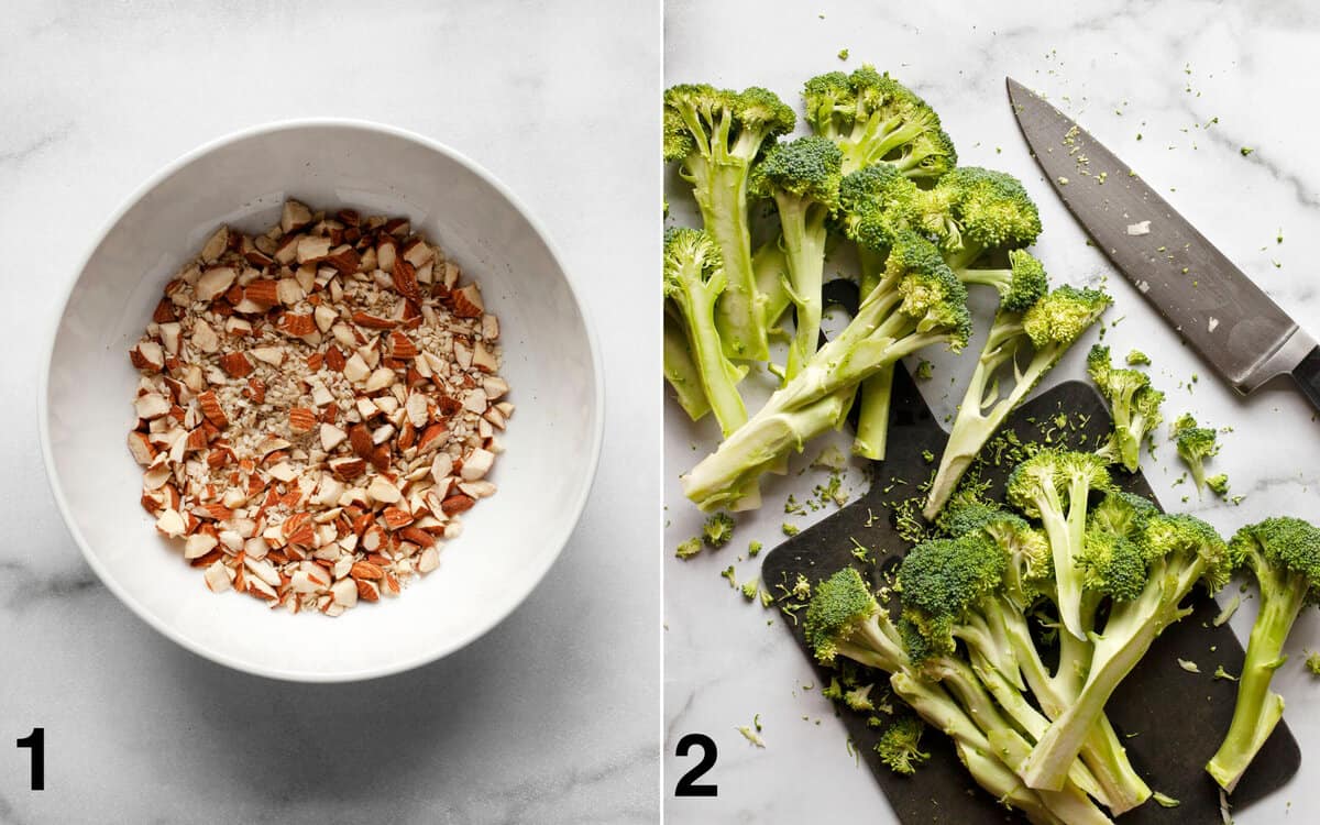 Nut spice mix in small bowl. Broccoli sliced on a cutting board.