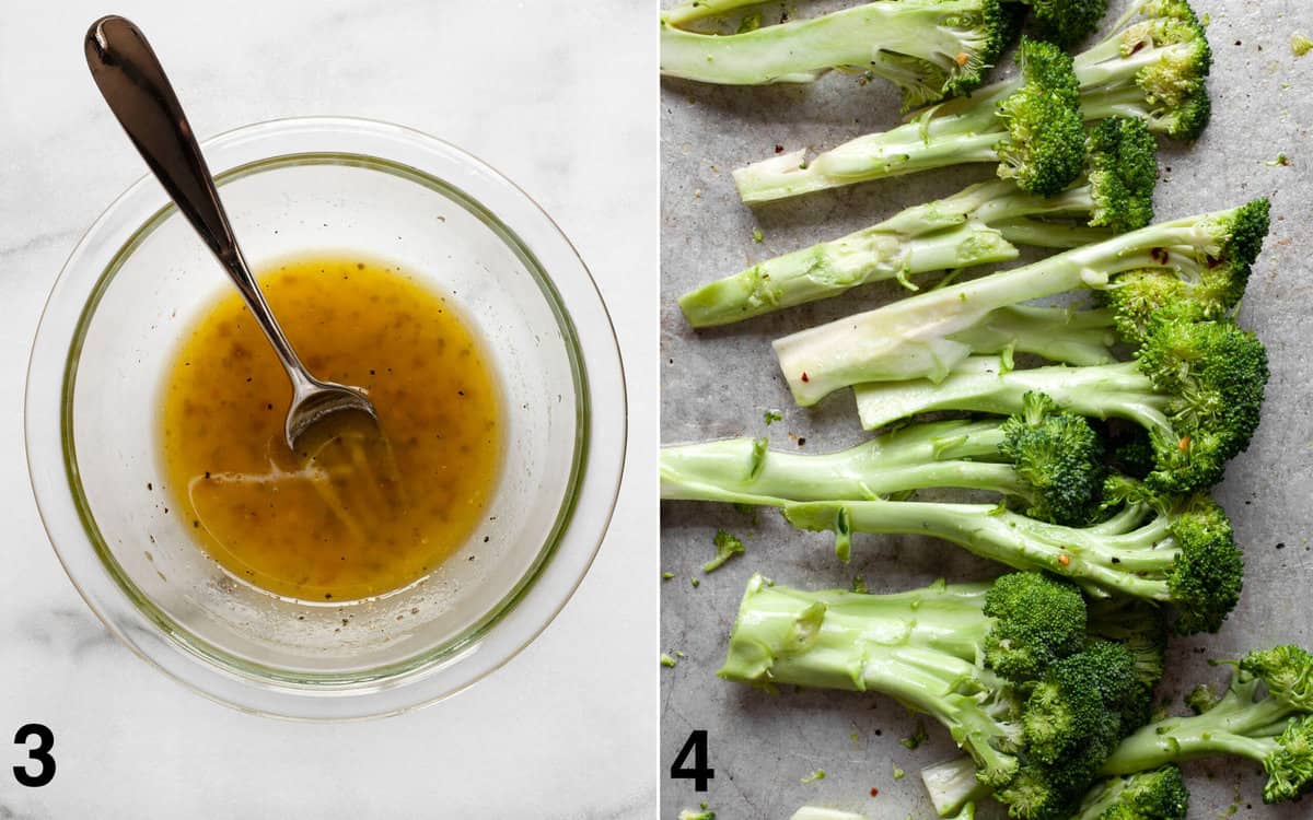 Lemon marinade in a bowl. Marinated broccoli on a pan before it is grilled.