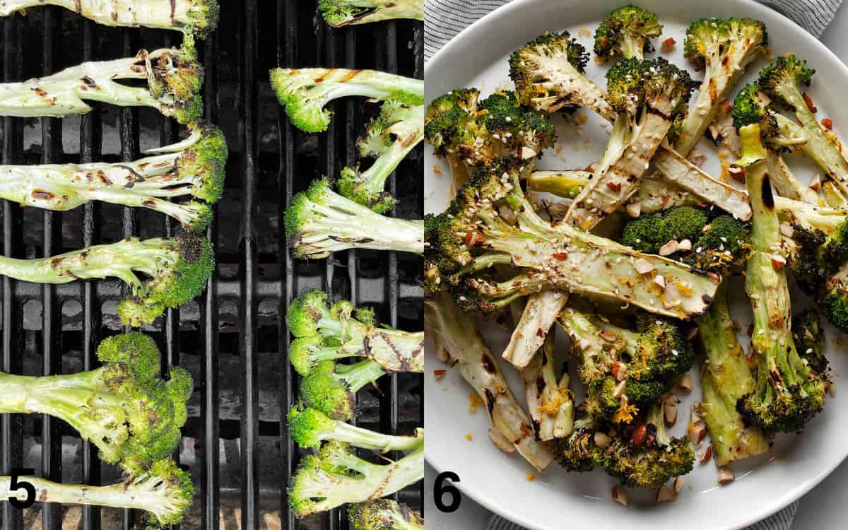 Broccoli on the grill. Grilled broccoli topped with nuts, seeds and lemon zest.