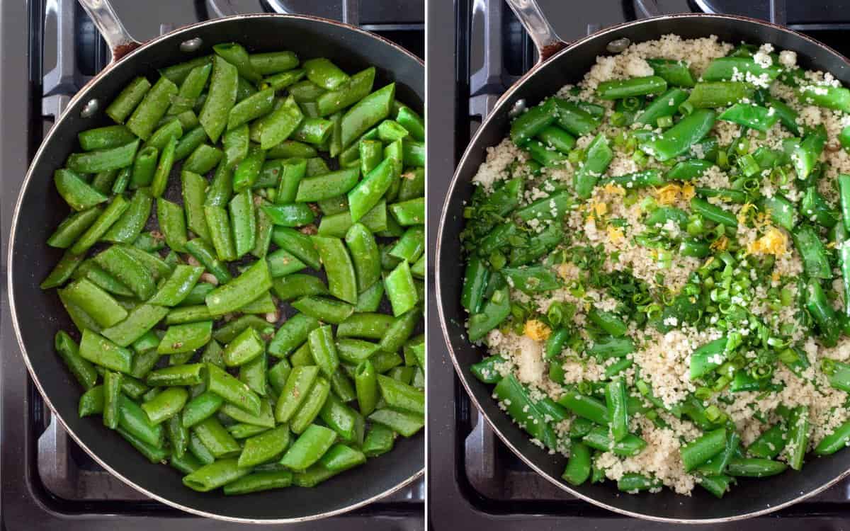 Saute teh snap peas in a skillet on the stove. Then stir in the couscous.