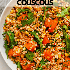 Grilled apricot corn couscous in a serving bowl.