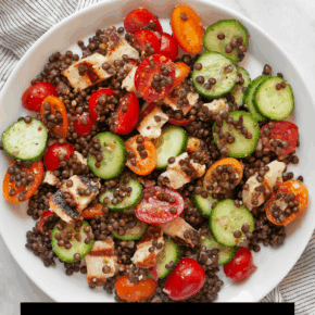 Grilled halloumi lentil salad on a plate.