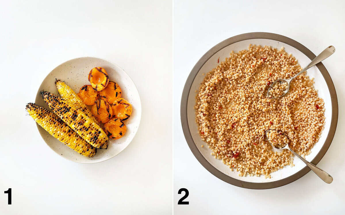 Grilled corn and apricots in a bowl. Couscous stirred with harissa in a large bowl.