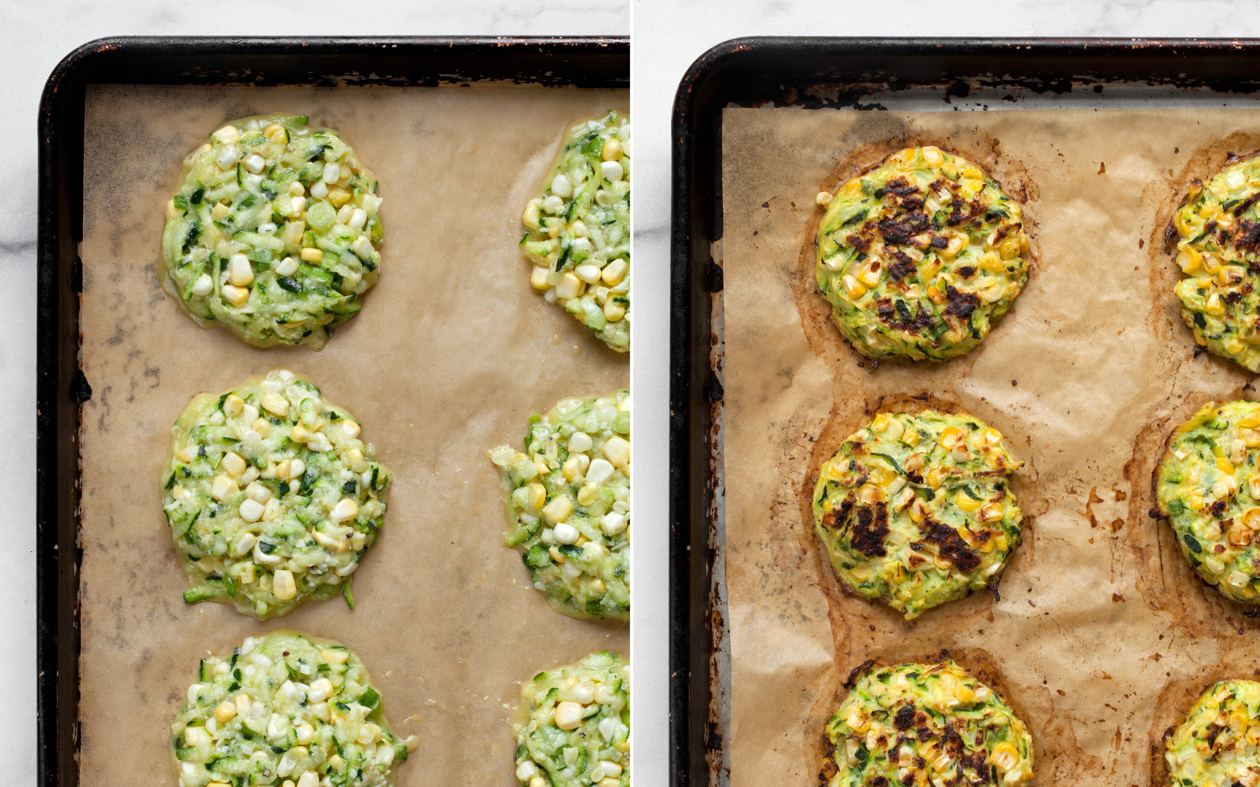 Zucchini corn fritters on a sheet pan before and after they are baked
