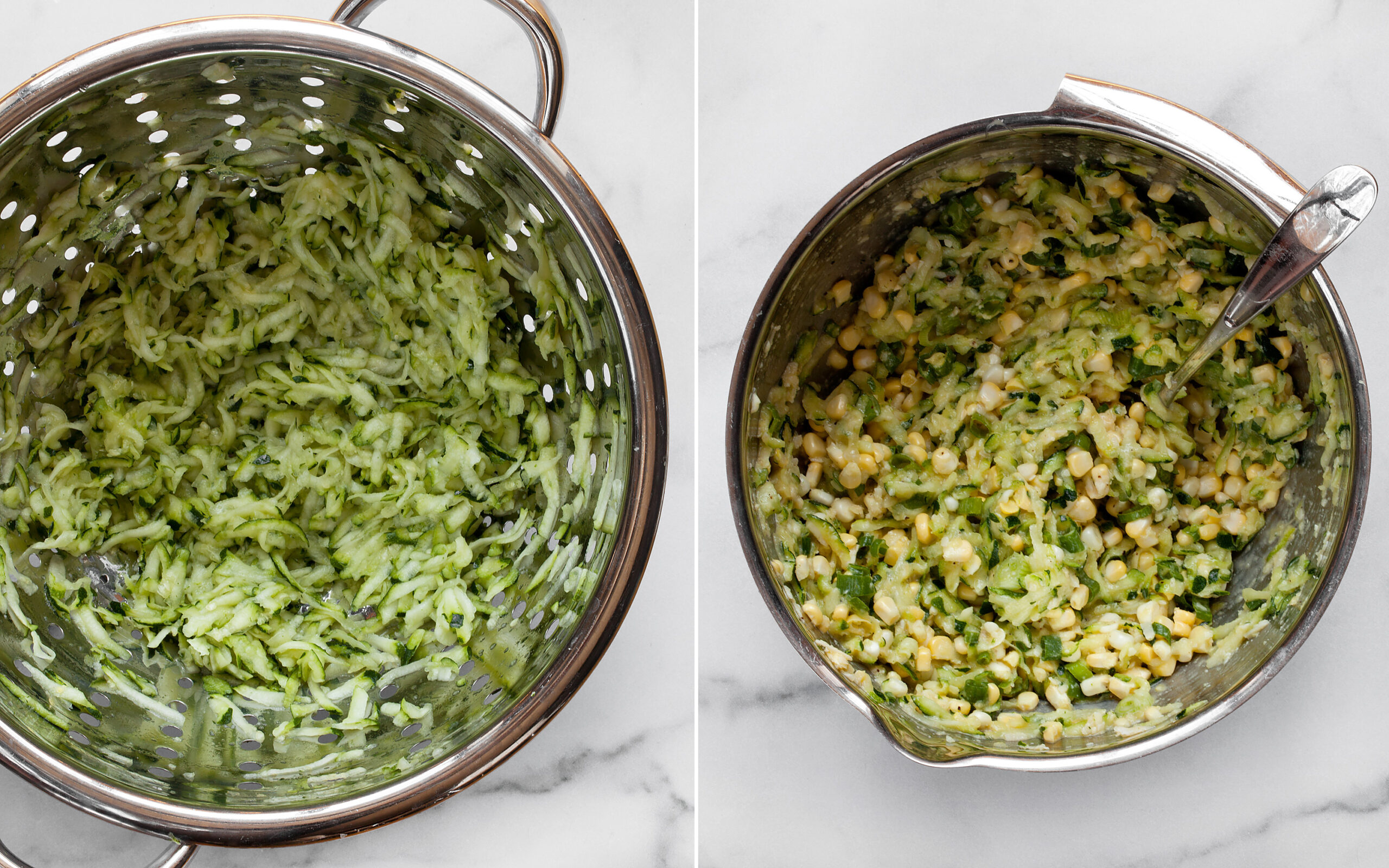 Shredded zucchini in a colander and fritter batter in a bowl.