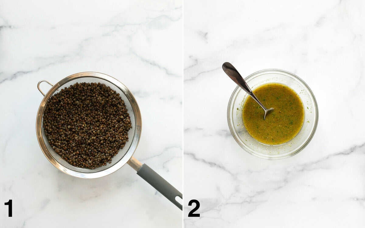 Cooked lentils in a mesh strainer. Pesto vinaigrette in a small bowl.