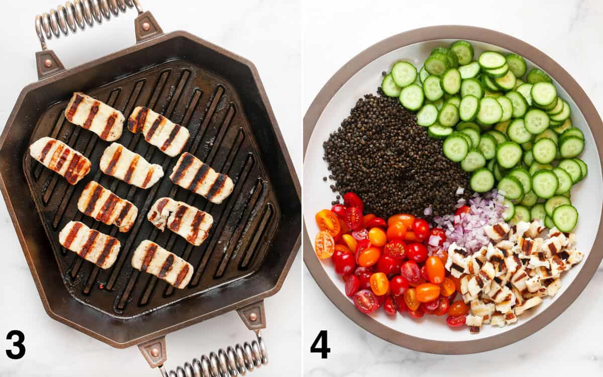 Grill-marked halloumi in a grill pan. Salad ingredients assembled in large bowl.