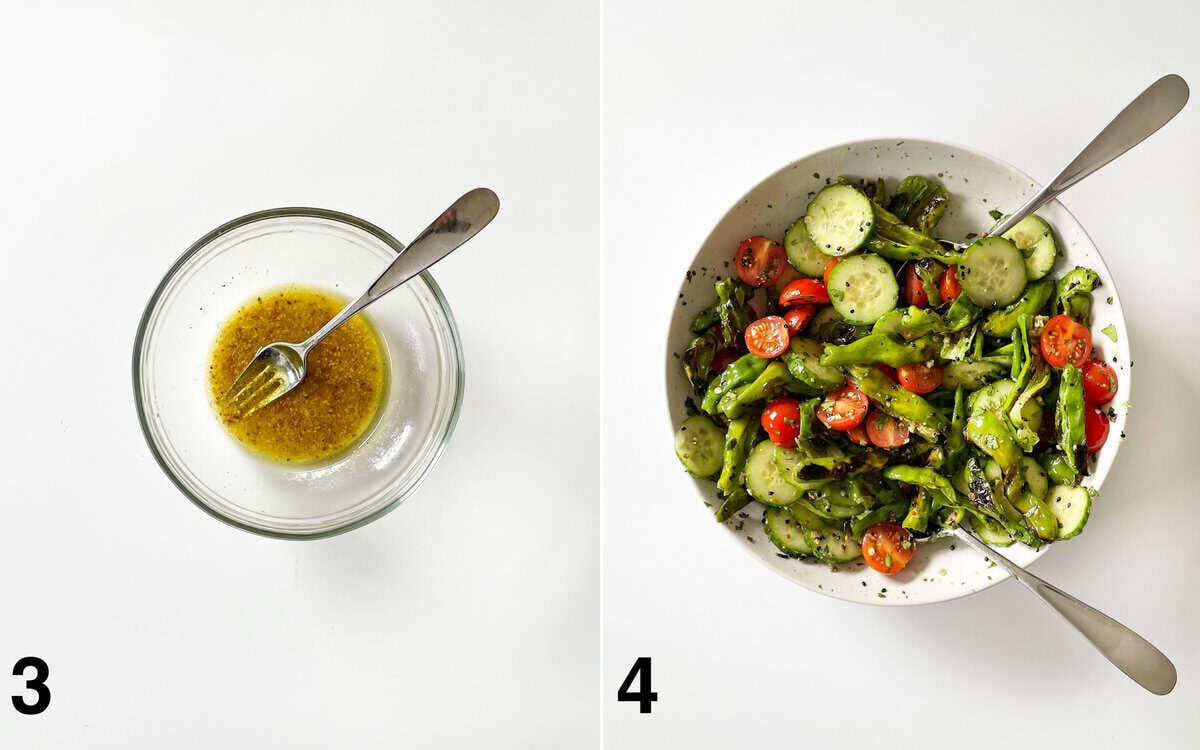 Vinaigrette whisked in a small bowl. Vinaigrette tossed with salad in a large bowl.