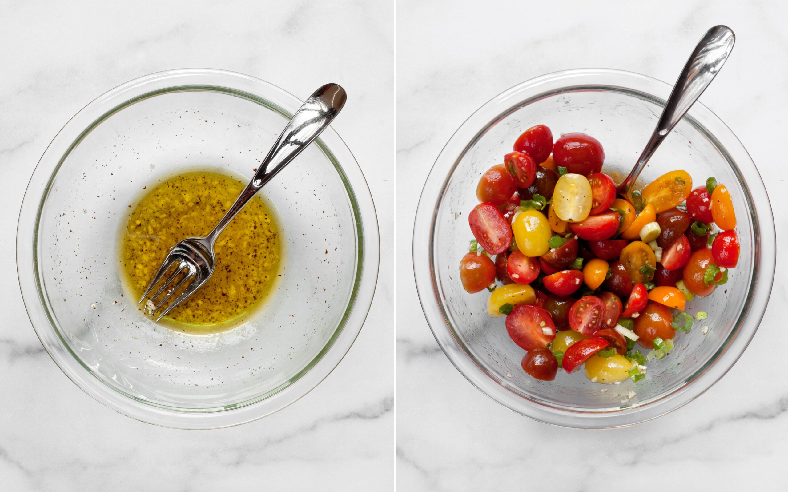 Vinaigrette in a bowl with tomatoes added to bowl.