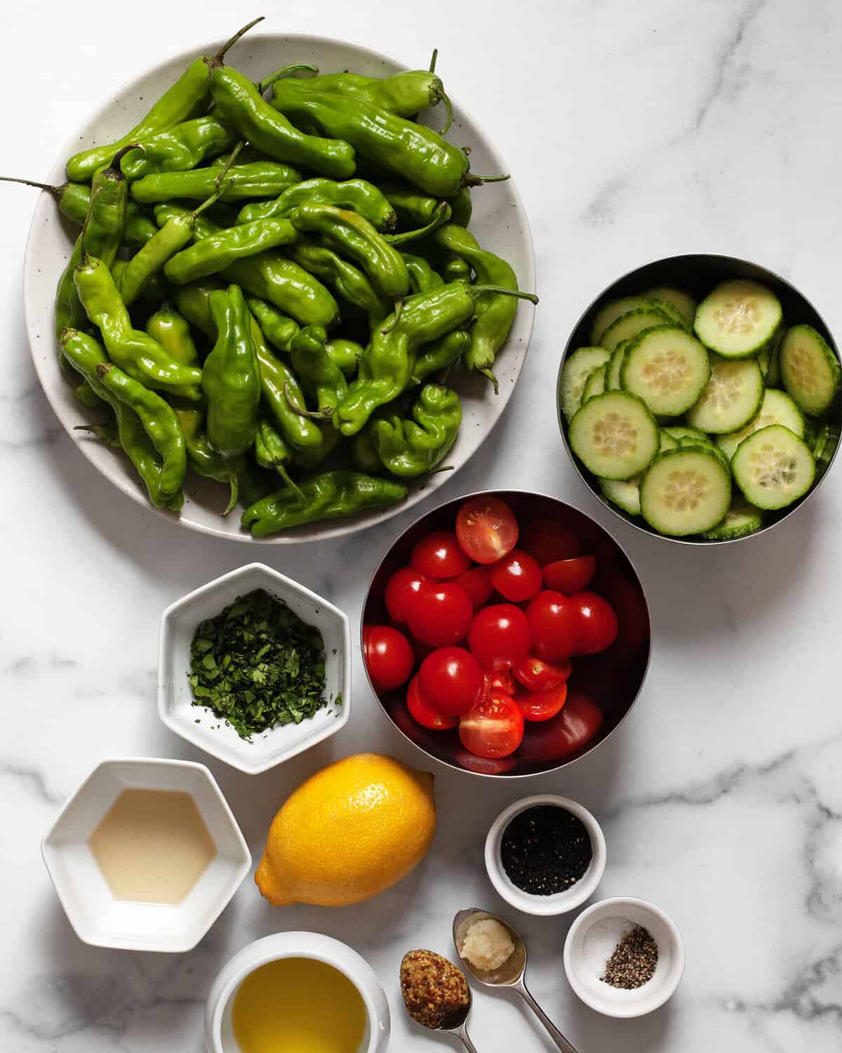 Ingredients including shishito peppers, cucumbers, tomatoes, cilantro, lemon, sesame seeds, garlic, mustard, salt, pepper and olive oil.