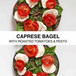 Two caprese bagels on a plate.