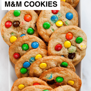 Crispy m&m cookies on a plate.