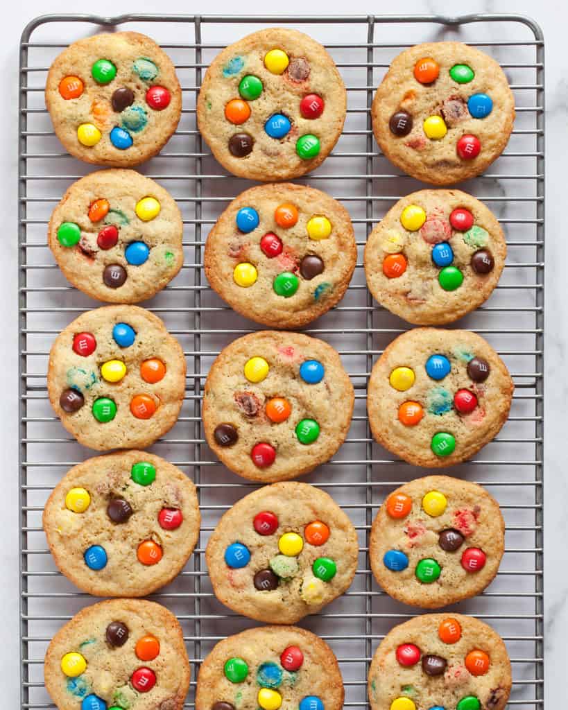 M&M cookies on a cooling rack