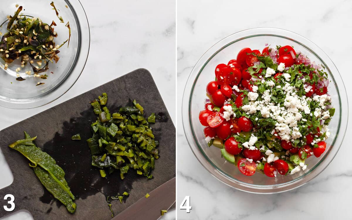 Chopped poblano peppers on a cutting board. Salad ingredients assembled in a bowl.