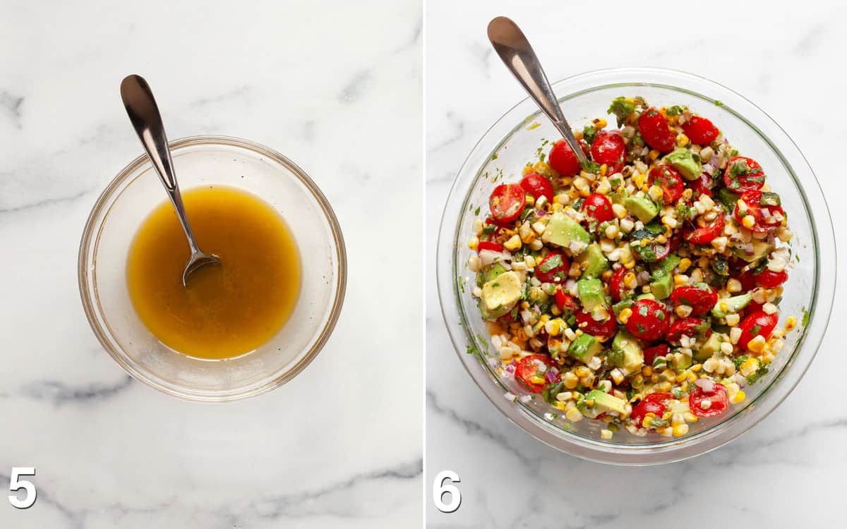 Honey lime dressing in a bowl. Dressing stirred into salad.