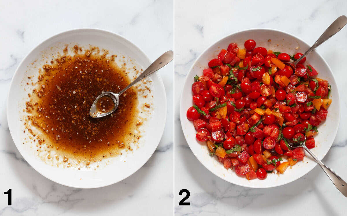 Balsamic vinegar stirred in a large salad bowl. Tomatoes marinating in dressing.