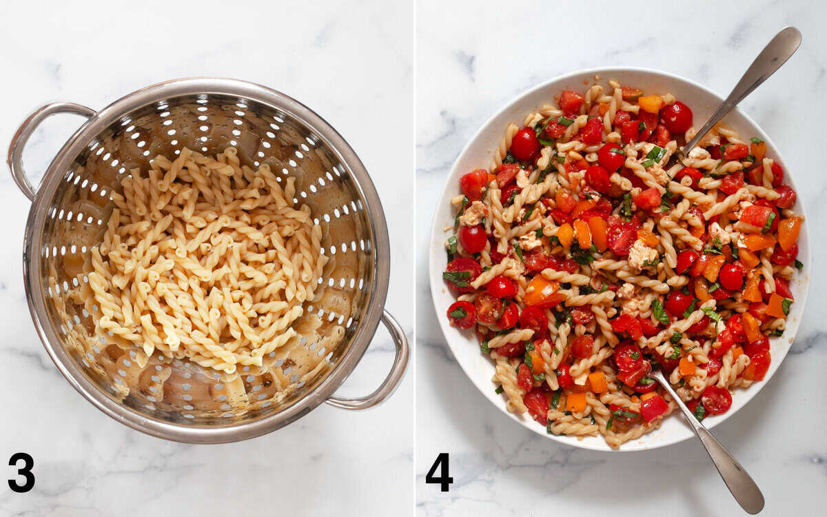 Pasta in a colander. Salad ingredients tossed in a bowl.