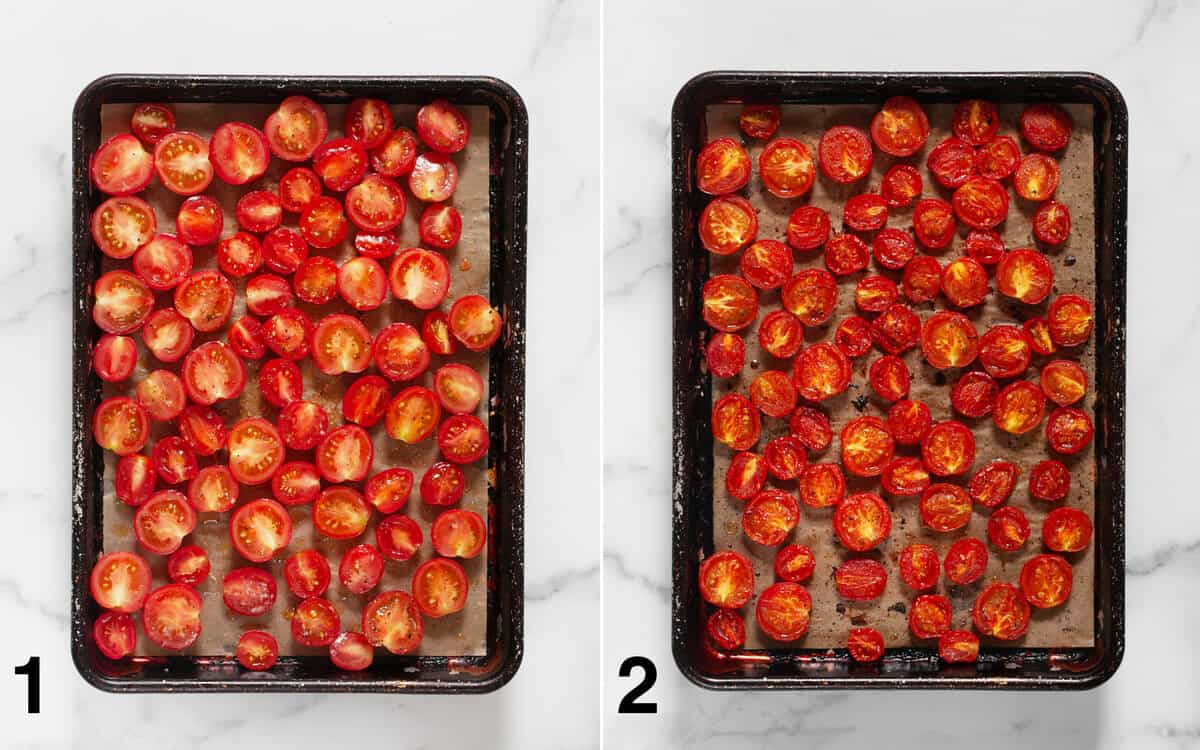 Halved tomatoes on a sheet pan before and after you roast them.