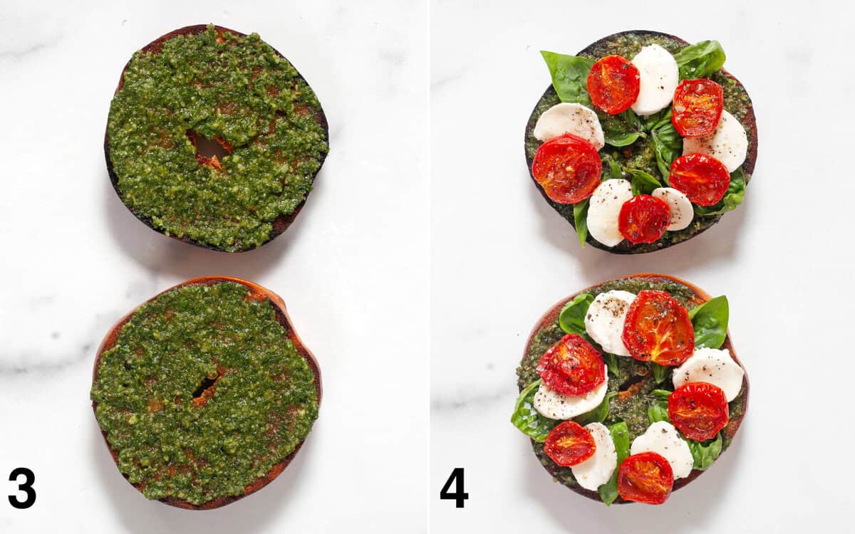 Toasted bagels spread with pesto. Bagels topped with roasted tomatoes, mozzarella and basil.