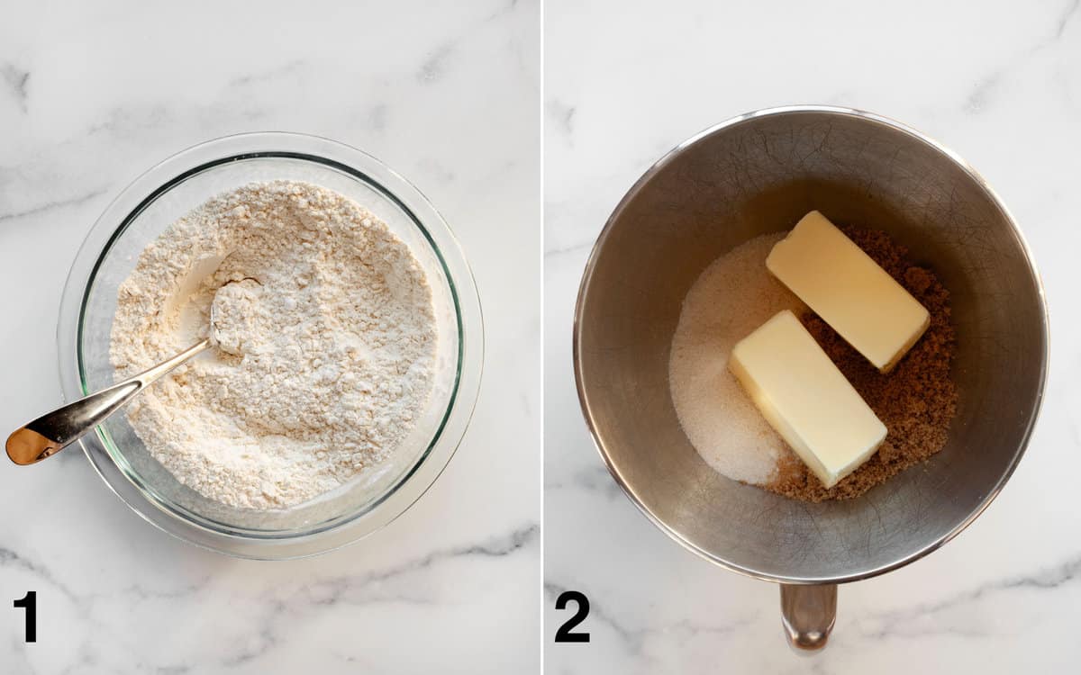 Dry ingredients mixed in a bowl. Butter and both sugars in another bowl.