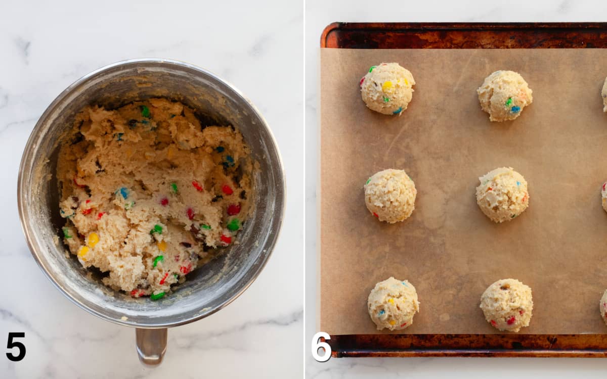Cookie dough in a bowl. Cookie dough balls on a sheet pan.