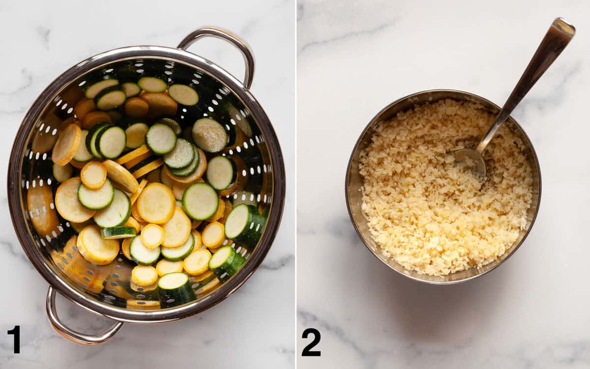 Zucchini and squash in a colander. Breadcrumbs, parmesan and olive oil stirred together in a small bowl.