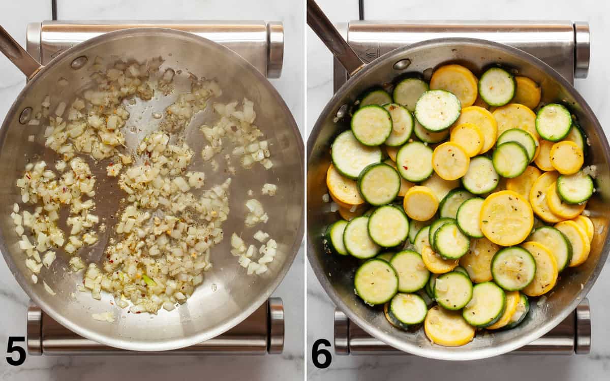 Garlic and onions sautéing and then zucchini and squash stirred into the skillet.