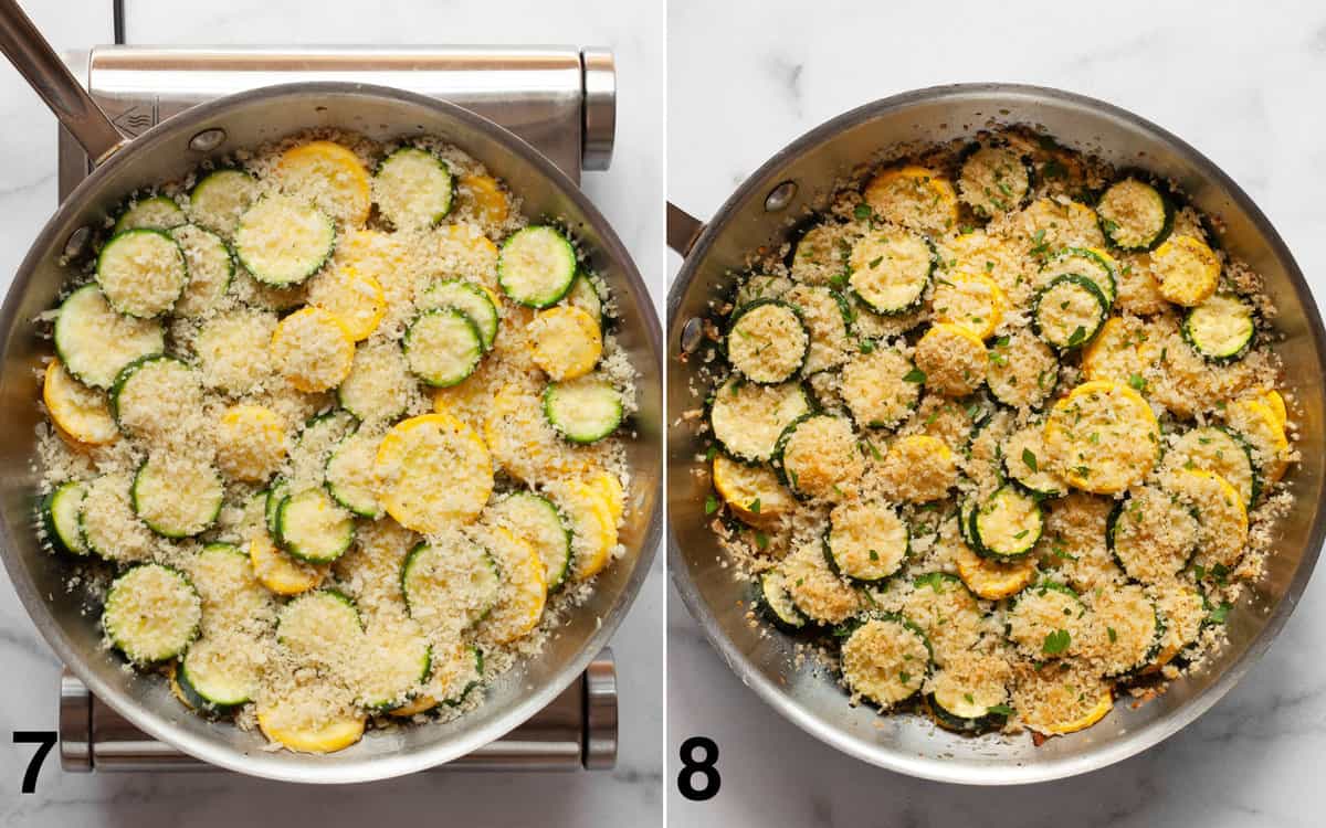 Casserole in a skillet before and after is it baked.