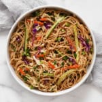 Cold sesame noodles in a serving bowl.