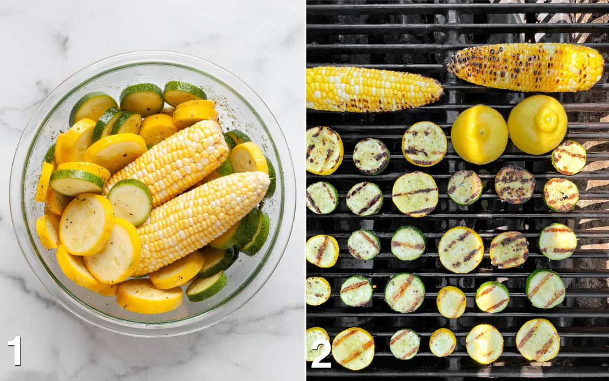 Vegetables tossed in oil in a bowl. Zucchini, squash, corn and lemons on the grill.