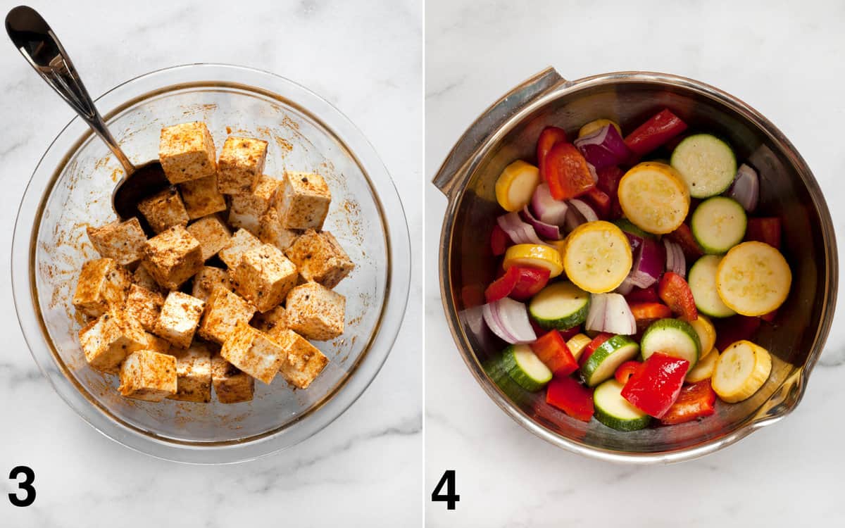 Stir the tofu into the spiced olive oil in a large bowl. IN another bowl stir the vegetables with olive oil, salt and pepper.