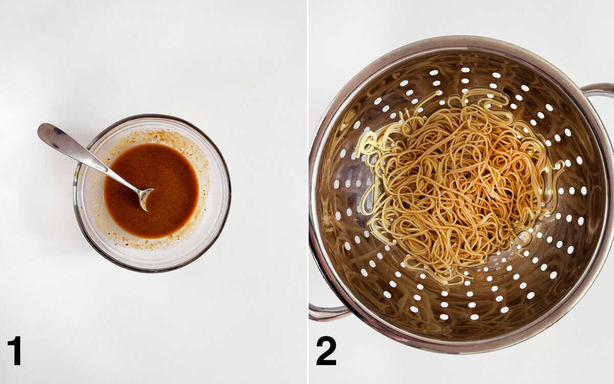 Tahini peanut sauce in a small bowl. Cooked egg noodles in a colander.