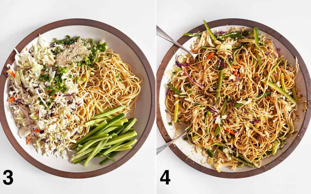 Salad ingredients assembled in a large bowl. Dressing tossed with sesame noodle salads.