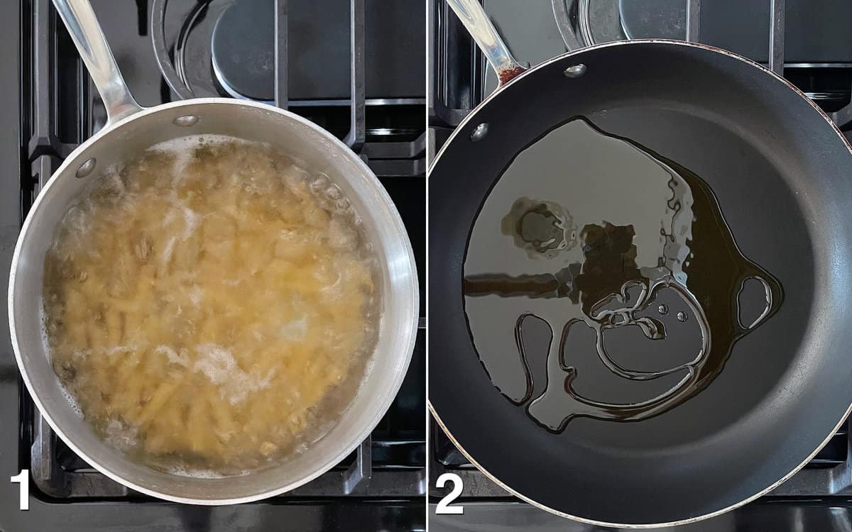 Pasta simmering in a pot on the stove. Olive oil warming in a skillet on the stove.