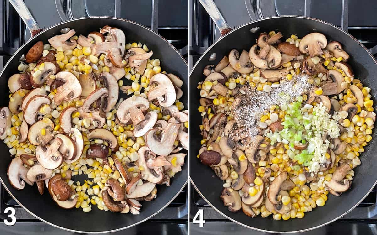 Saute the mushrooms and corn in the skillet. Then stir in the white scallions, garlic, salt and pepper.