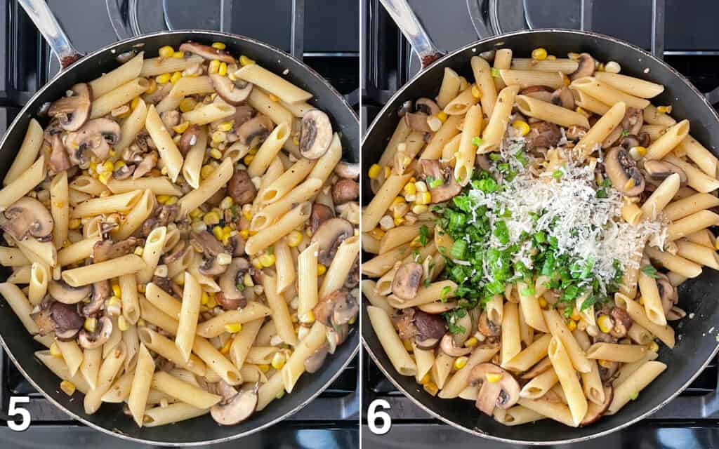 Stir the pasta and reserved cooking water into the sauteed mushrooms and corn. Then fold in the scallions greens and Parmesan.