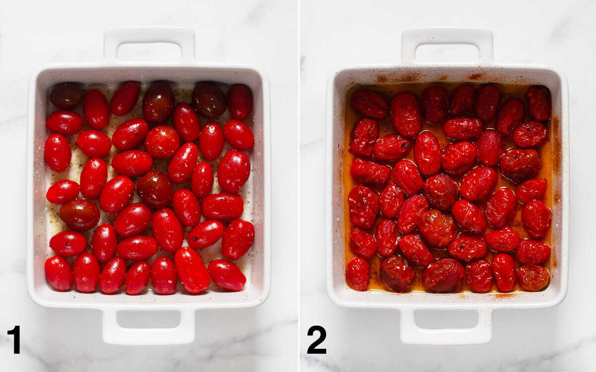 Tomatoes in a baking dish before and after you roast them.