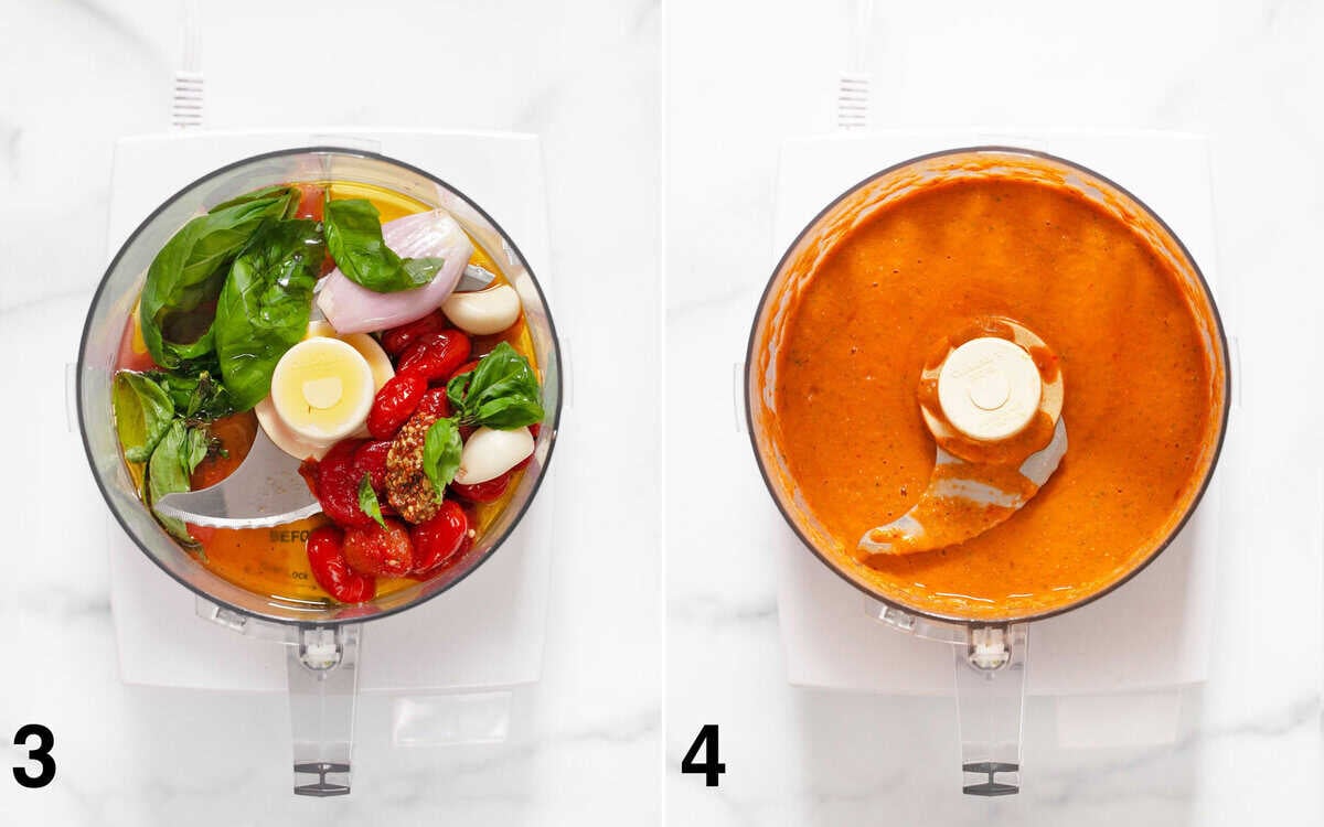 Salad dressing ingredients in a food processor bowl and after you puree them.